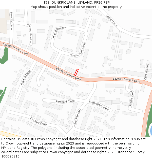 158, DUNKIRK LANE, LEYLAND, PR26 7SP: Location map and indicative extent of plot