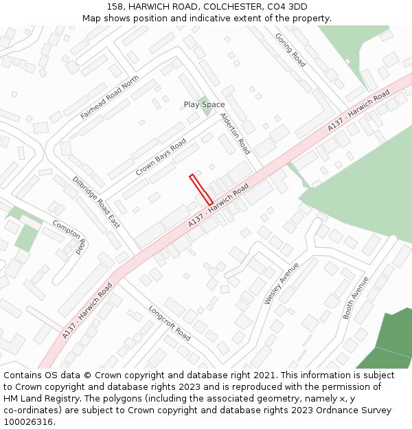 158, HARWICH ROAD, COLCHESTER, CO4 3DD: Location map and indicative extent of plot