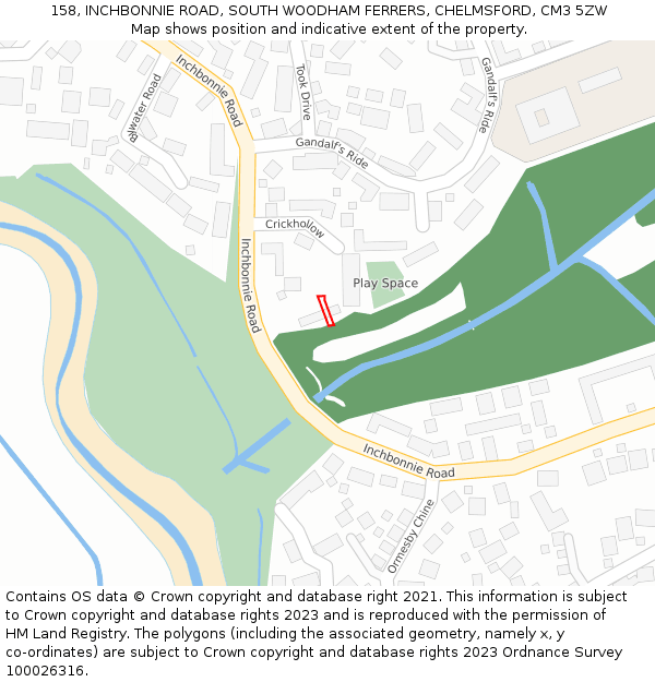 158, INCHBONNIE ROAD, SOUTH WOODHAM FERRERS, CHELMSFORD, CM3 5ZW: Location map and indicative extent of plot