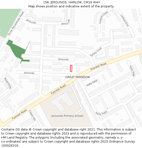 158, JEROUNDS, HARLOW, CM19 4HH: Location map and indicative extent of plot