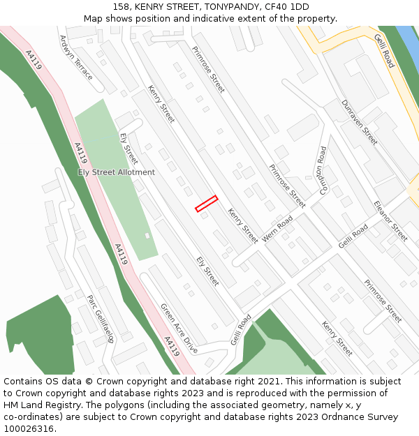 158, KENRY STREET, TONYPANDY, CF40 1DD: Location map and indicative extent of plot