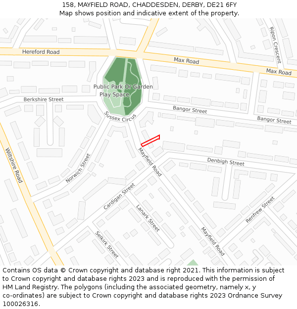 158, MAYFIELD ROAD, CHADDESDEN, DERBY, DE21 6FY: Location map and indicative extent of plot