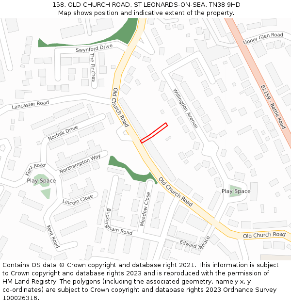 158, OLD CHURCH ROAD, ST LEONARDS-ON-SEA, TN38 9HD: Location map and indicative extent of plot