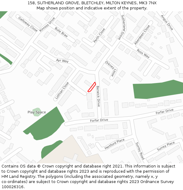 158, SUTHERLAND GROVE, BLETCHLEY, MILTON KEYNES, MK3 7NX: Location map and indicative extent of plot