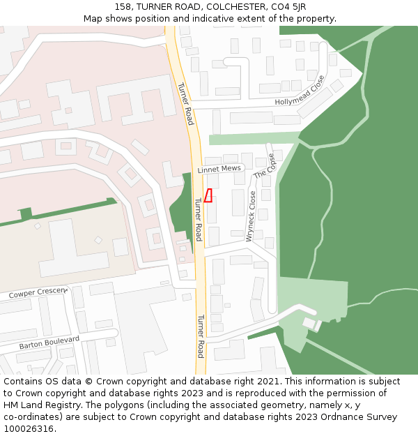158, TURNER ROAD, COLCHESTER, CO4 5JR: Location map and indicative extent of plot