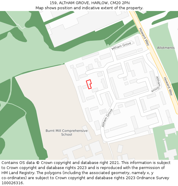 159, ALTHAM GROVE, HARLOW, CM20 2PN: Location map and indicative extent of plot