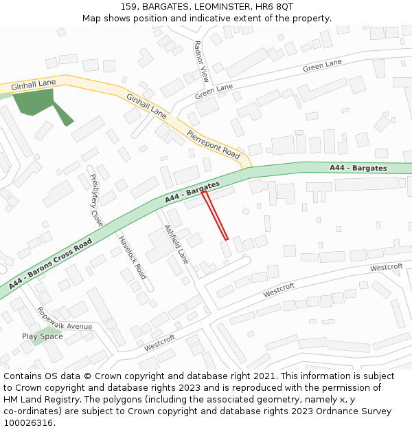 159, BARGATES, LEOMINSTER, HR6 8QT: Location map and indicative extent of plot