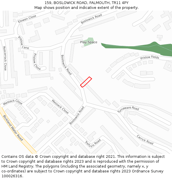 159, BOSLOWICK ROAD, FALMOUTH, TR11 4PY: Location map and indicative extent of plot