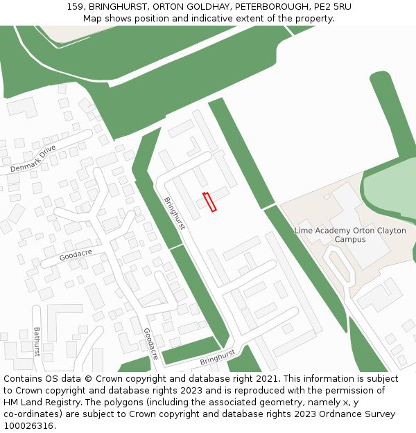 159, BRINGHURST, ORTON GOLDHAY, PETERBOROUGH, PE2 5RU: Location map and indicative extent of plot