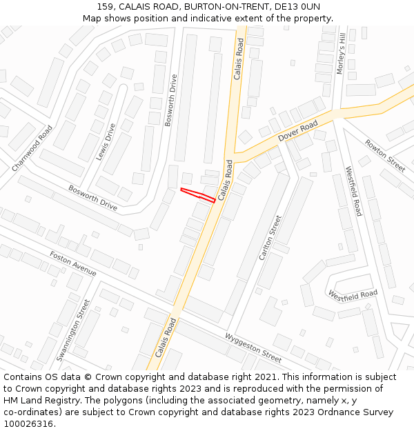 159, CALAIS ROAD, BURTON-ON-TRENT, DE13 0UN: Location map and indicative extent of plot