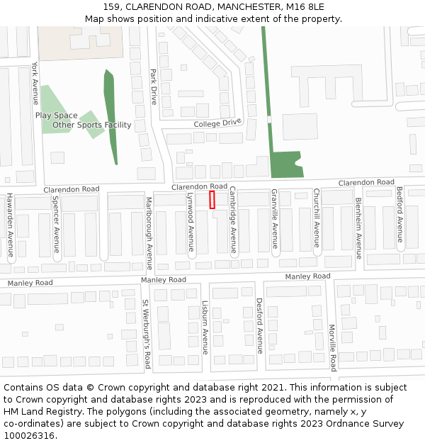 159, CLARENDON ROAD, MANCHESTER, M16 8LE: Location map and indicative extent of plot