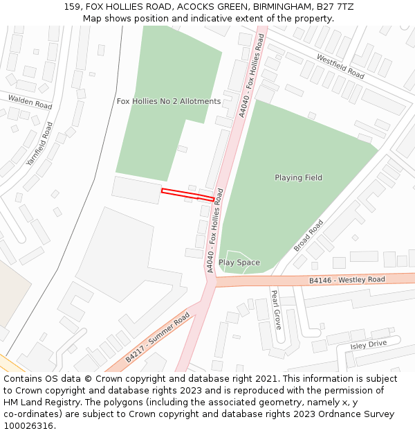 159, FOX HOLLIES ROAD, ACOCKS GREEN, BIRMINGHAM, B27 7TZ: Location map and indicative extent of plot
