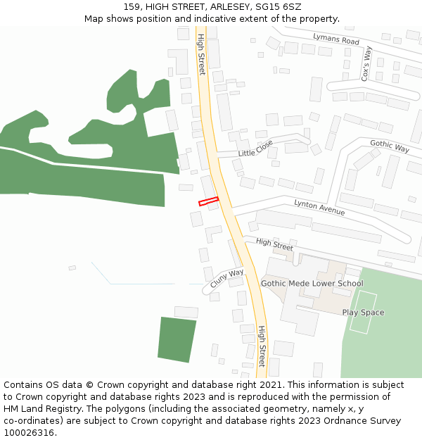 159, HIGH STREET, ARLESEY, SG15 6SZ: Location map and indicative extent of plot
