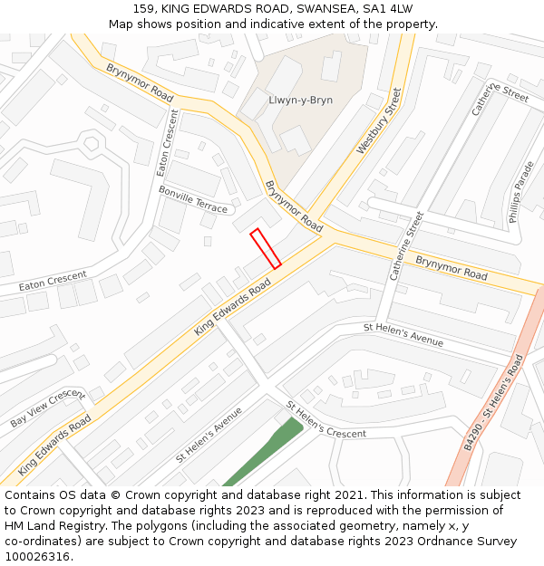 159, KING EDWARDS ROAD, SWANSEA, SA1 4LW: Location map and indicative extent of plot