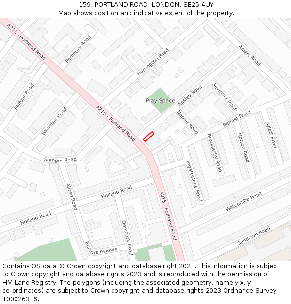 159, PORTLAND ROAD, LONDON, SE25 4UY: Location map and indicative extent of plot