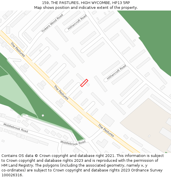 159, THE PASTURES, HIGH WYCOMBE, HP13 5RP: Location map and indicative extent of plot