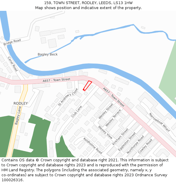 159, TOWN STREET, RODLEY, LEEDS, LS13 1HW: Location map and indicative extent of plot