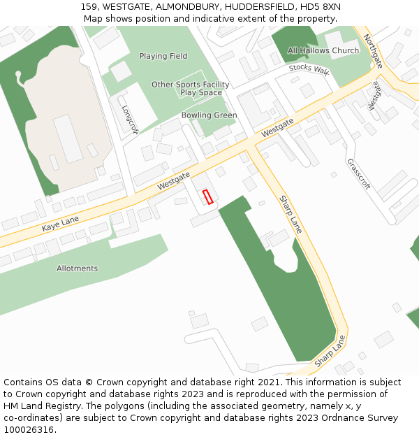 159, WESTGATE, ALMONDBURY, HUDDERSFIELD, HD5 8XN: Location map and indicative extent of plot