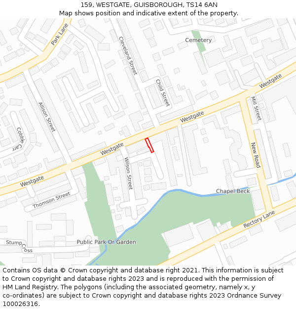 159, WESTGATE, GUISBOROUGH, TS14 6AN: Location map and indicative extent of plot