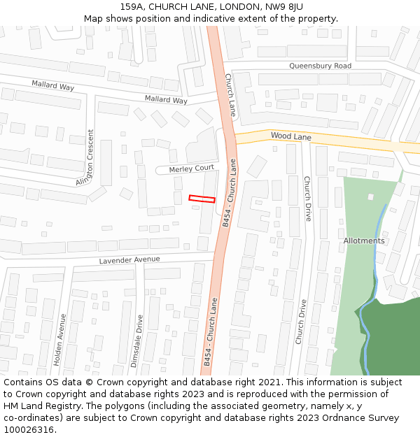 159A, CHURCH LANE, LONDON, NW9 8JU: Location map and indicative extent of plot