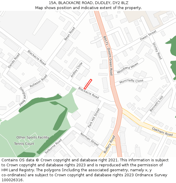 15A, BLACKACRE ROAD, DUDLEY, DY2 8LZ: Location map and indicative extent of plot