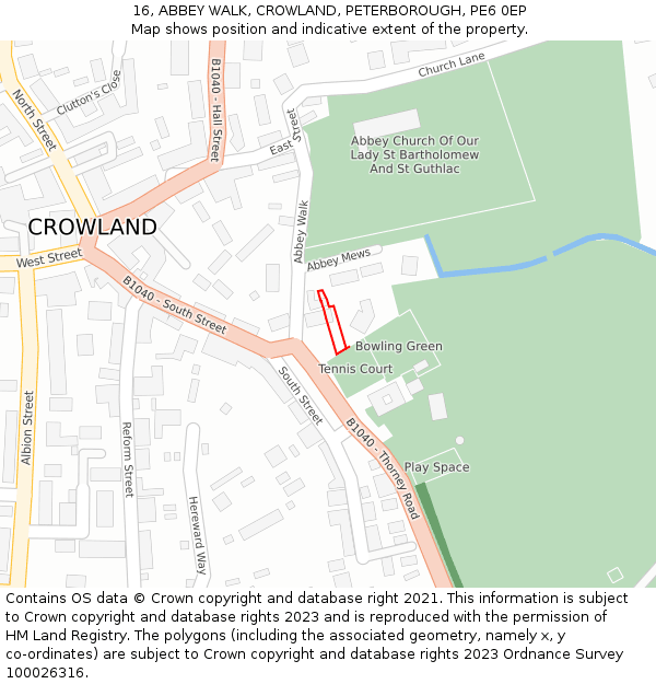 16, ABBEY WALK, CROWLAND, PETERBOROUGH, PE6 0EP: Location map and indicative extent of plot