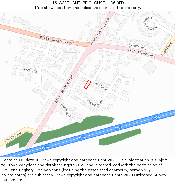 16, ACRE LANE, BRIGHOUSE, HD6 3FD: Location map and indicative extent of plot