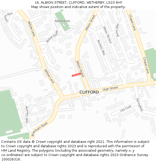 16, ALBION STREET, CLIFFORD, WETHERBY, LS23 6HY: Location map and indicative extent of plot