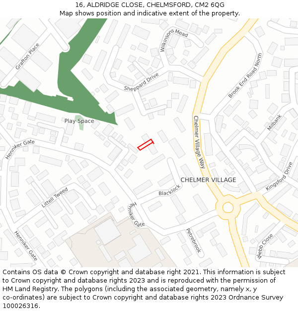 16, ALDRIDGE CLOSE, CHELMSFORD, CM2 6QG: Location map and indicative extent of plot