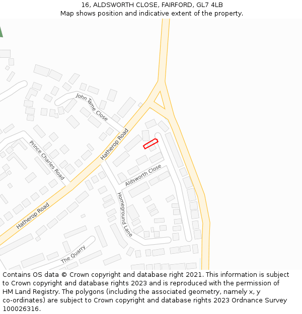 16, ALDSWORTH CLOSE, FAIRFORD, GL7 4LB: Location map and indicative extent of plot