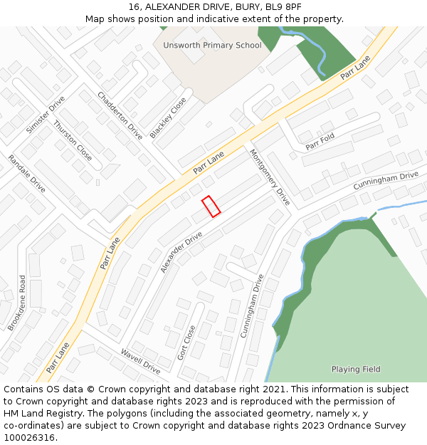 16, ALEXANDER DRIVE, BURY, BL9 8PF: Location map and indicative extent of plot
