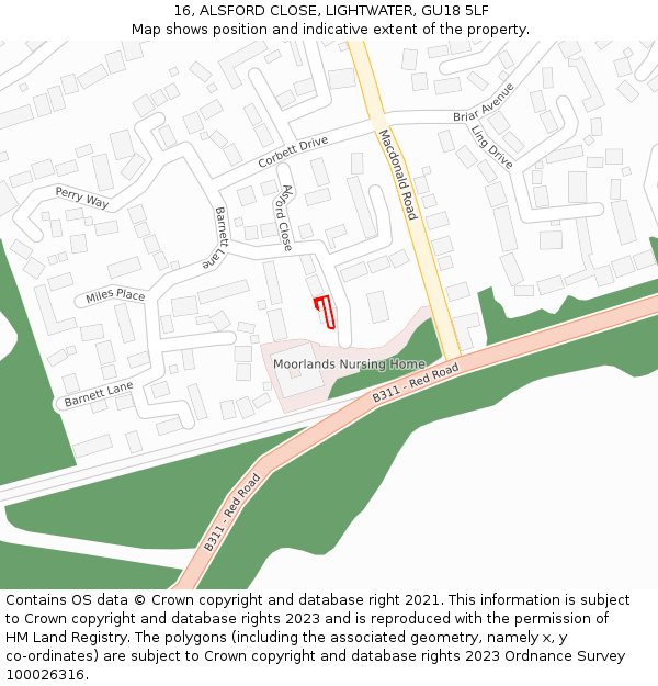 16, ALSFORD CLOSE, LIGHTWATER, GU18 5LF: Location map and indicative extent of plot