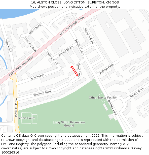 16, ALSTON CLOSE, LONG DITTON, SURBITON, KT6 5QS: Location map and indicative extent of plot