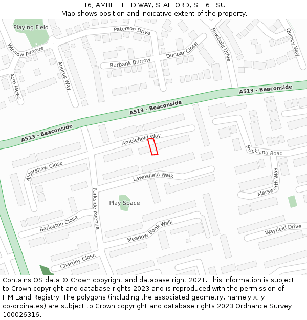 16, AMBLEFIELD WAY, STAFFORD, ST16 1SU: Location map and indicative extent of plot