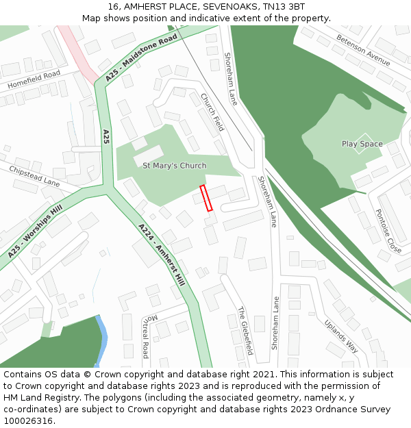 16, AMHERST PLACE, SEVENOAKS, TN13 3BT: Location map and indicative extent of plot