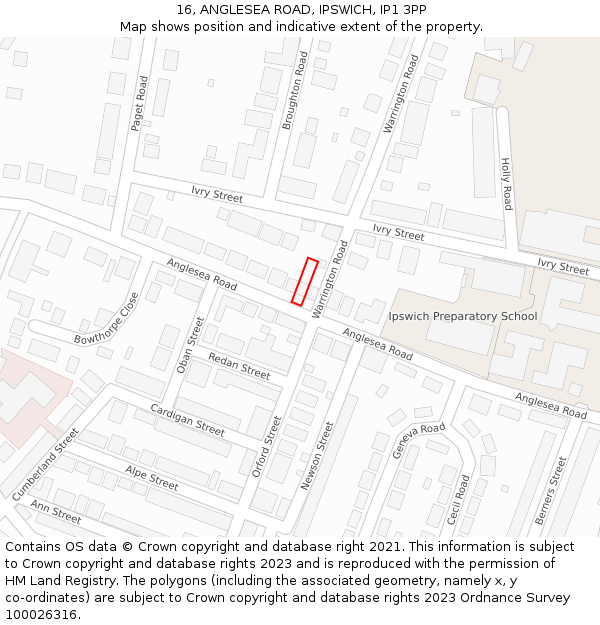 16, ANGLESEA ROAD, IPSWICH, IP1 3PP: Location map and indicative extent of plot