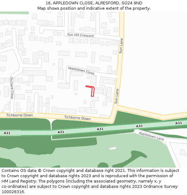 16, APPLEDOWN CLOSE, ALRESFORD, SO24 9ND: Location map and indicative extent of plot