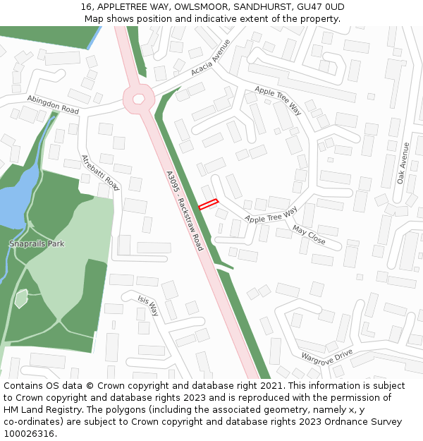 16, APPLETREE WAY, OWLSMOOR, SANDHURST, GU47 0UD: Location map and indicative extent of plot