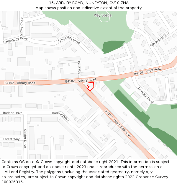 16, ARBURY ROAD, NUNEATON, CV10 7NA: Location map and indicative extent of plot