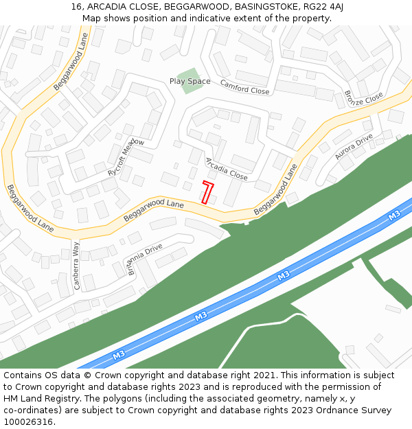 16, ARCADIA CLOSE, BEGGARWOOD, BASINGSTOKE, RG22 4AJ: Location map and indicative extent of plot