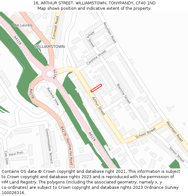 16, ARTHUR STREET, WILLIAMSTOWN, TONYPANDY, CF40 1ND: Location map and indicative extent of plot