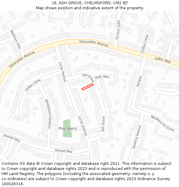 16, ASH GROVE, CHELMSFORD, CM2 9JT: Location map and indicative extent of plot
