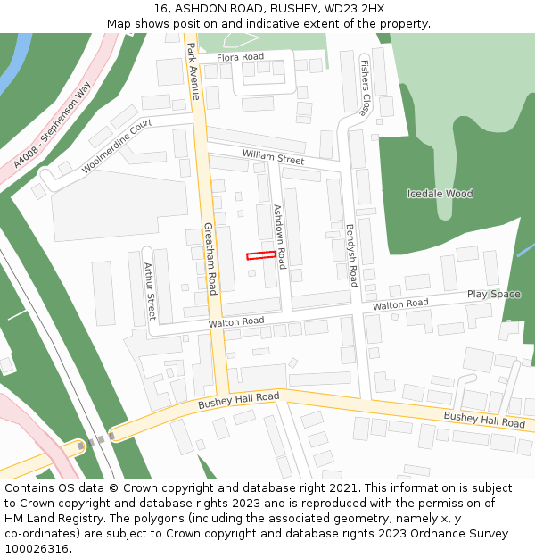 16, ASHDON ROAD, BUSHEY, WD23 2HX: Location map and indicative extent of plot