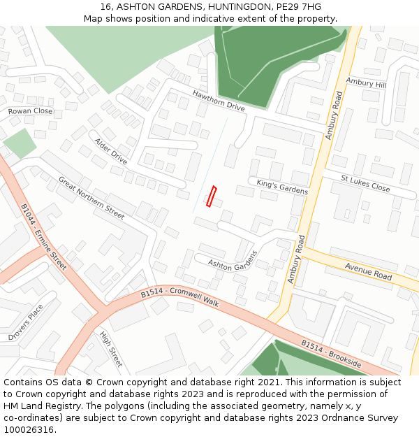 16, ASHTON GARDENS, HUNTINGDON, PE29 7HG: Location map and indicative extent of plot