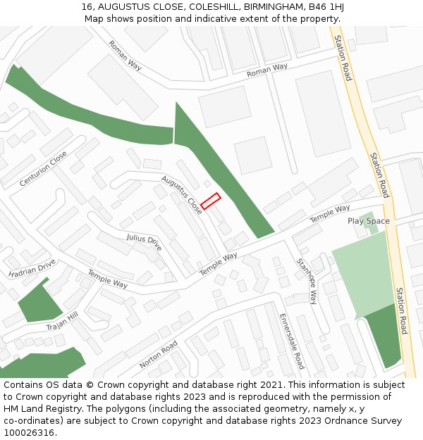 16, AUGUSTUS CLOSE, COLESHILL, BIRMINGHAM, B46 1HJ: Location map and indicative extent of plot