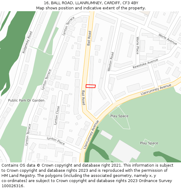 16, BALL ROAD, LLANRUMNEY, CARDIFF, CF3 4BY: Location map and indicative extent of plot