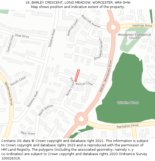 16, BARLEY CRESCENT, LONG MEADOW, WORCESTER, WR4 0HW: Location map and indicative extent of plot