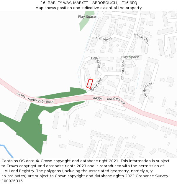 16, BARLEY WAY, MARKET HARBOROUGH, LE16 9FQ: Location map and indicative extent of plot