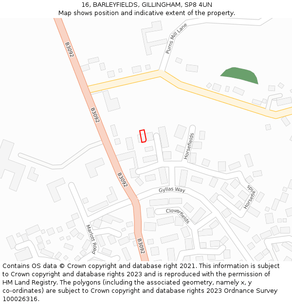 16, BARLEYFIELDS, GILLINGHAM, SP8 4UN: Location map and indicative extent of plot
