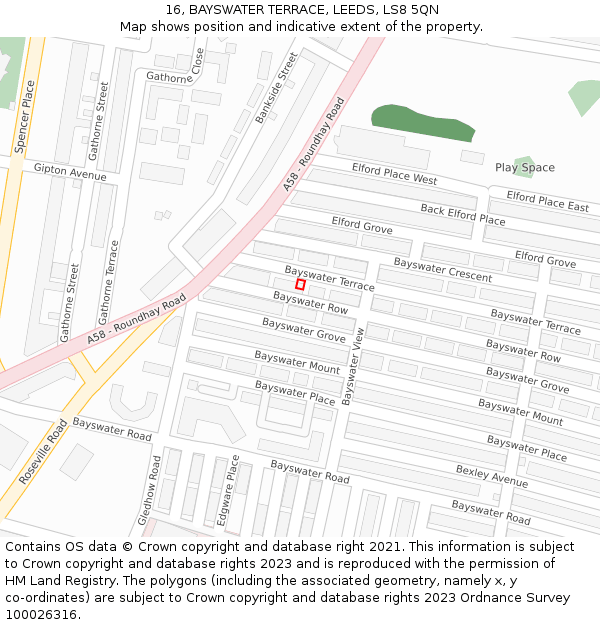 16, BAYSWATER TERRACE, LEEDS, LS8 5QN: Location map and indicative extent of plot